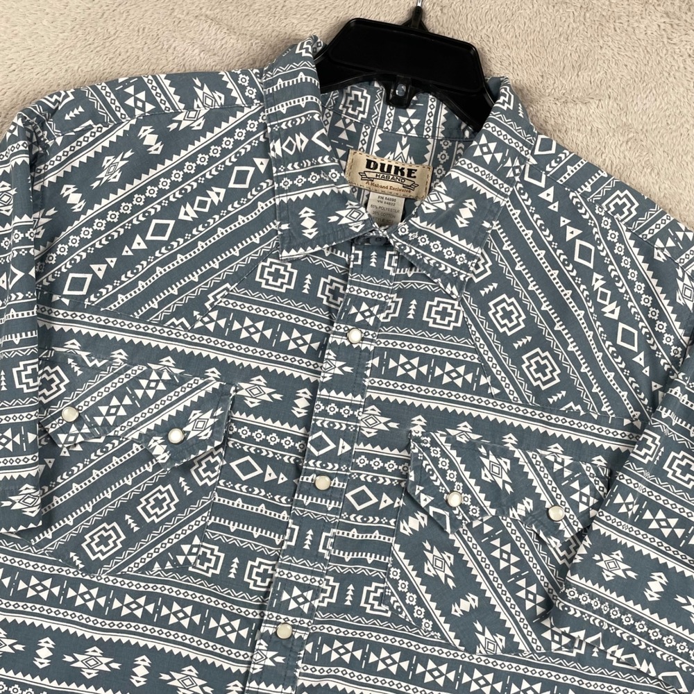 Aztec Pearl Snap Shirt Mens Large Blue Western Sawtooth Pockets Duke Haband